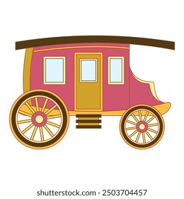 Illustration of a red and gold stagecoach, featuring large wheels and a curved roof, reminiscent of classic wild west transportation