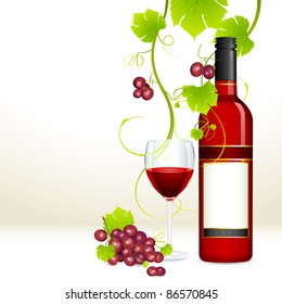 ilustración de uva roja con botella de vino tinto y vaso lleno de vino
