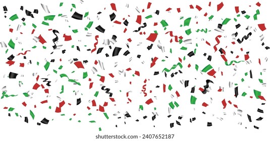 illustration of red, green and black confetti and ribbons Isolated on white background, Shiny Confetti explosion, colorful confetti Celebration elements, Falling confetti