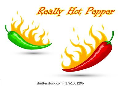 Illustration red and green burning hot mexican peppers with fire on white isolated background. Inscription Really hot pepper. For cooking, websites, blogs, advertising. Vector horizontal orientation