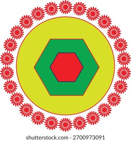 Ilustración de hexágono rojo y verde rodeado de flores