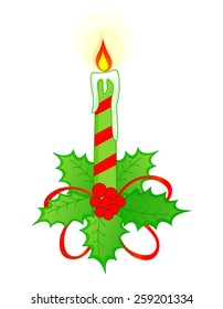 Illustration of red and green striped candle and holly leaves , berries and ribbon bow isolated on white background 