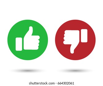 Illustration of red and green thumbs up and down buttons; isolated on white background.