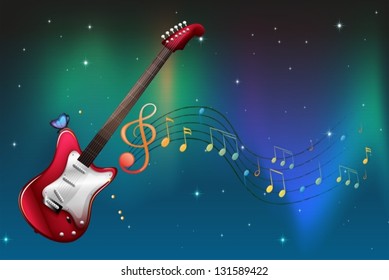 Illustration of a red guitar with musical notes