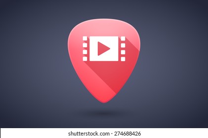 Illustration of a red guitar pick icon with a multimedia sign
