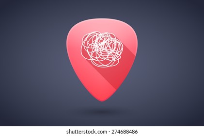 Illustration of a red guitar pick icon with a doodle