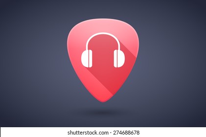 Illustration of a red guitar pick icon with a earphones