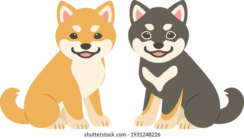 Illustration of red haired and black haired Shiba Inu Puppies sitting side by side