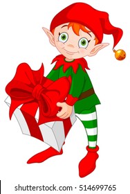 Illustration of red haired Christmas elf standing and carrying a gift