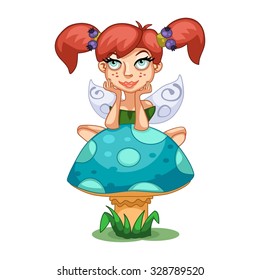 Illustration of a red haired fairy with wings sitting on a mushroom