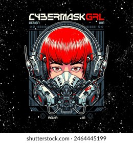 illustration of a red haired girl using a future mask in a robotic style vector file