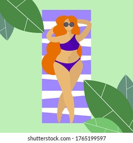 A illustration of a red haired woman in a blue swimsuit having a sunbath. 