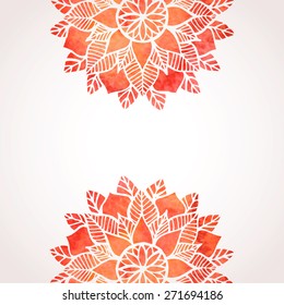 Illustration with red hand drawn watercolor flower pattern on white background. Abstract round oriental indian ornament. Vector elements