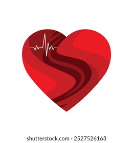 Illustration of a red heart with abstract curves and a white heartbeat line, symbolizing health.