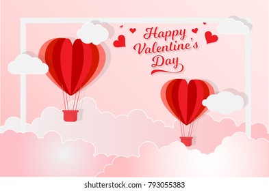 Illustration of red heart balloon flying on the sky with the words for valentine's day