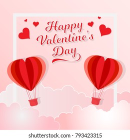 Illustration of red heart balloon flying on the sky with the words for valentine's day