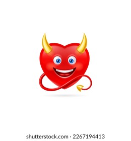Illustration of Red Heart Character with Tail and Golden Horns. Romantic Love Lovesickness Symbol. St Valentine Greeting Card Decor, or Marriage Anniversary