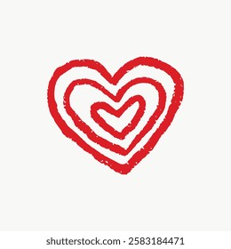 Illustration of a red heart with concentric outlines on a white background. Heart design features bold red lines. Simple heart illustration with red accents. Valentine's Day illustration vector.