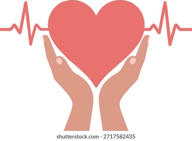 Ilustración de un corazón rojo sostenido en dos manos, con una línea de electrocardiograma (ECG) que lo atraviesa, simbolizando la salud y la atención.
