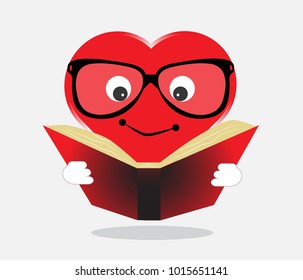 Illustration of a Red Heart Mascot Wearing an Eye Glasses Reading a Book