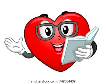 Illustration of a Red Heart Mascot Wearing an Eye Glasses Reading a Story Book