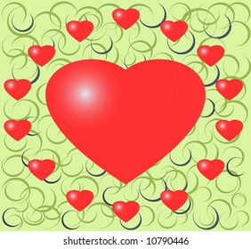 Illustration of red heart on the green curly background