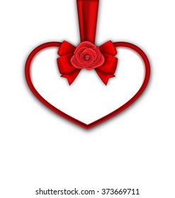 Illustration Red Heart with Red Rose, Ribbon and Bow for Happy Valentines Day, Isolated on White Background. Template for Greeting Card or Invitation - Vector