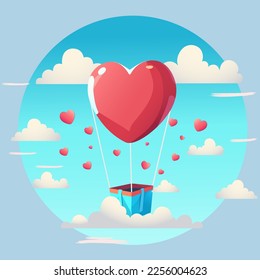 Illustration Of Red Heart Shape Balloons With Clouds Against Pastel Blue Circle Background. Love Or Valentine Concept.