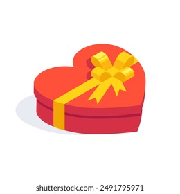 Illustration of red heart shaped gift box with yellow bow. Gift box for birthday, holiday, event.