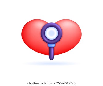 illustration of red heart symbol and magnifying glass. concept of matchmaking. looking for a partner or girlfriend. dating app or software. social media. symbol or icon. minimalist 3d style design