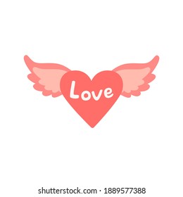 Illustration of red Heart with wings and word "Love". Colorful vector icon for St Valentines Day, Romantic design and colorful decoration. Vector illustration isolated on white.