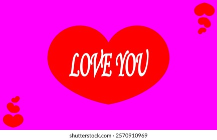 Illustration of a red heart with the word love you written in white inside. Pink background. Valentine's Day greetings