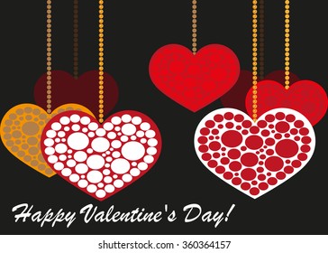 Illustration of red hearts on Valentine beads on a black background