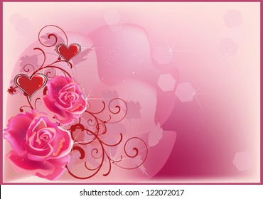 illustration with red hearts and pink roses