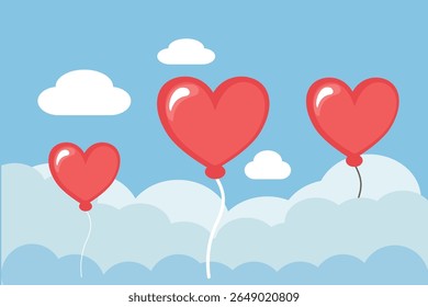 Ilustração de balões vermelhos em forma de coração flutuando com nuvens brancas fofas contra um céu azul brilhante, transmitindo temas de amor, romance, celebração e felicidade para ocasiões caprichosas e alegres