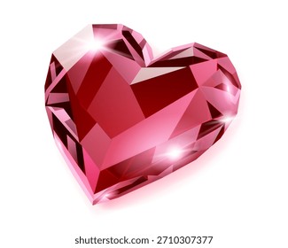 Ilustración de una piedra preciosa roja en forma de corazón con facetas y destellos sobre un fondo blanco.