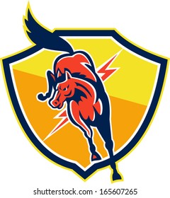 Illustration of a red horse jumping with lightning bolt set inside crest shield on isolated white background done in retro style.