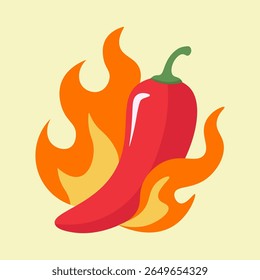 Illustration of a red hot chili pepper surrounded by flames. Concept of spicy food, heat, and flavor. Flat design vector graphic isolated on a light background for culinary concepts