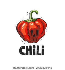 Illustration red hot pepper with skull. The hand draw inscription Chili. Sketch style lettering. Vector file.