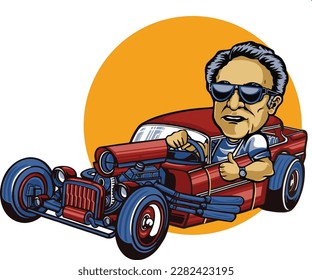 Illustration of a red hotroad rider against the backdrop of a sunset