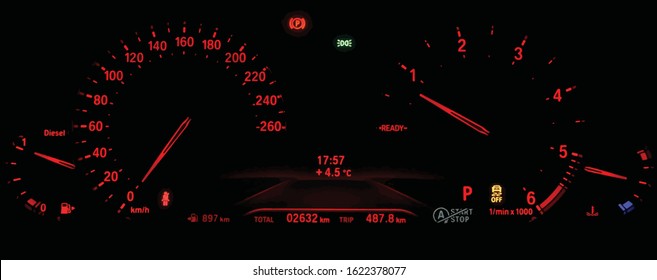 Illustration of red illuminated instrument cluster with speedometer, tachometer, odometer, fuel and temperature gauge, seat belt reminder, traction control icon. Luxury car dashboard panel at night.