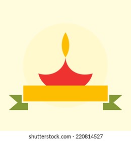 Illustration of a red illuminated  lampion with golden label and ribbon.