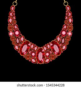 Illustration red jewelry gold necklace with rubies