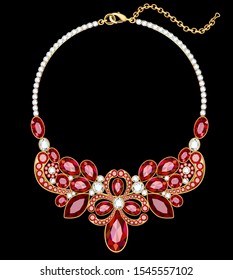 Illustration red jewelry gold necklace with rubies