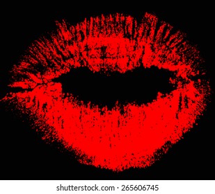 illustration with red lips imprint from dots isolated on black background
