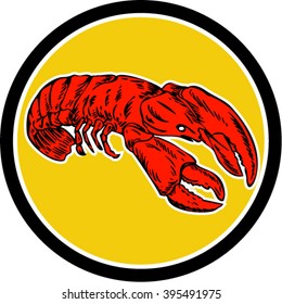 Illustration of a red lobster set inside circle done in retro style. 