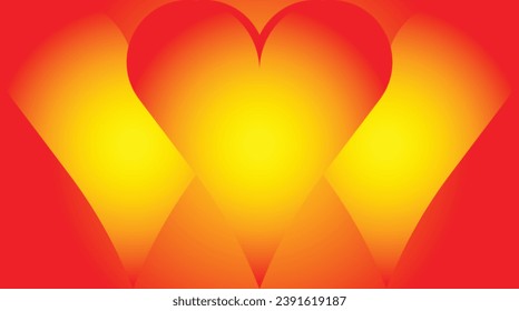 Illustration of a red love heart pattern with yellow gradations in the center glowing. Aesthetic romantic red heart background print. Valentine's day holiday background texture, romantic wedding desig