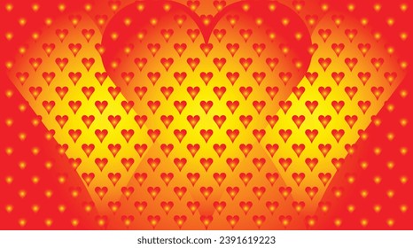 Illustration of a red love heart pattern with yellow gradations in the center glowing. Aesthetic romantic red heart background print. Valentine's day holiday background texture, romantic wedding desig