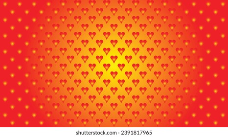 Illustration of a red love heart pattern with yellow gradations in the center glowing. Aesthetic romantic red heart background print. Valentine's day holiday background texture, romantic wedding desig