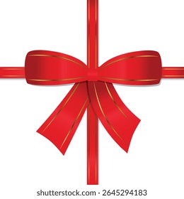 Illustration of red lush satin bow with gold border and ribbons on transparent background. Vector illustration.